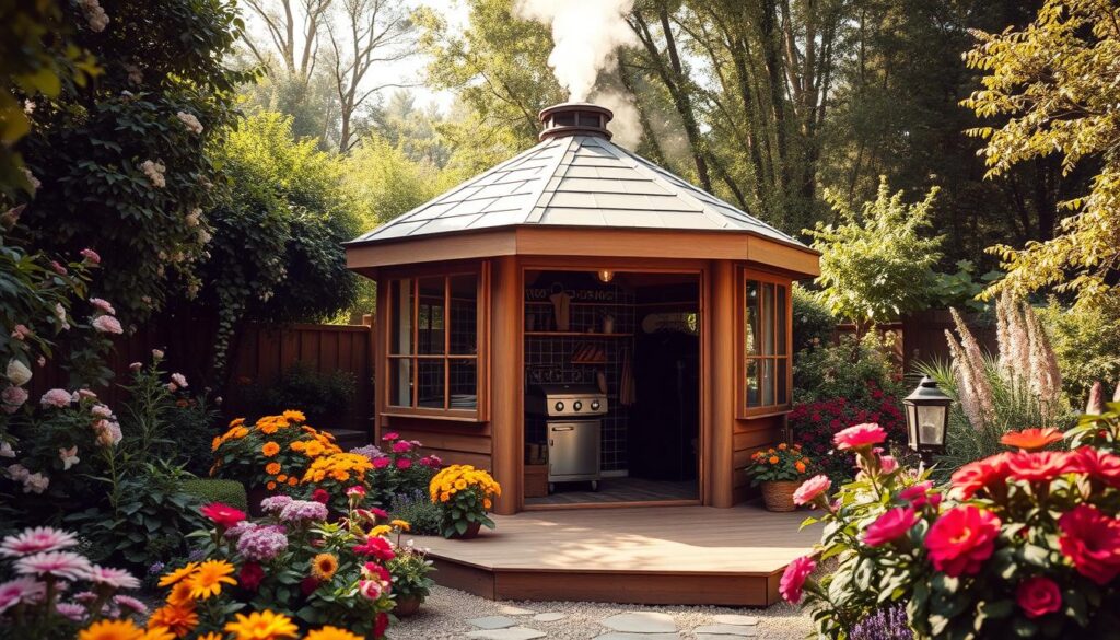 6-eckige Grillhütte im Garten 6-eckige Grillhütte im Garten