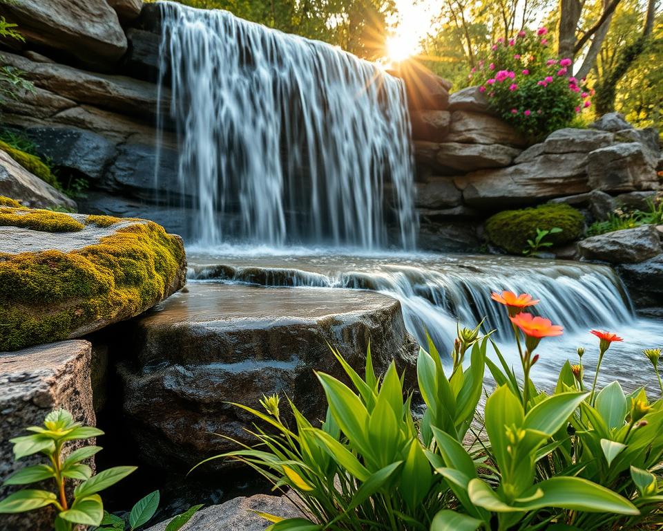 Kreative Gestaltung Wasserfall mit Naturstein und Pflanzen Kreative Gestaltung Wasserfall mit Naturstein und Pflanzen