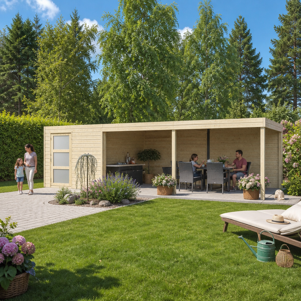 26% Rabatt ✓ 10 × 4 m | Gartenhäuschen QBS-Line 9,00 m² + 600 cm Anbau | mit Schiebetüren | Pultdach | Flachdach | modern