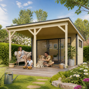 26% Rabatt ✓ 4 × 3 m | Gartenhäuschen Poel-1 mit Vordach | mit Schiebetüren | modern Unkategorisiert online kaufen