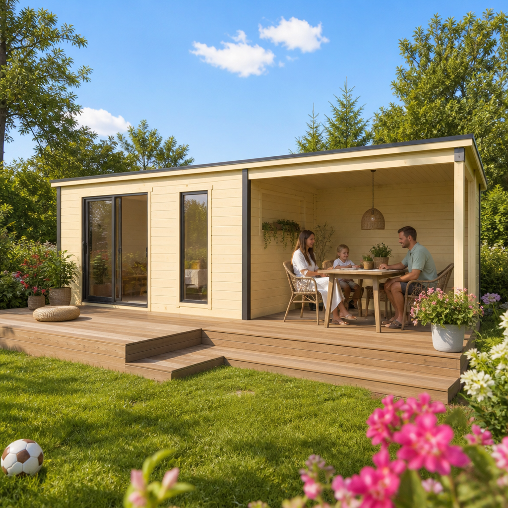 26% Rabatt ✓ 5 × 3 m | Gartenhäuschen Juist-3 mit Anbau | mit Schiebetüren | modern