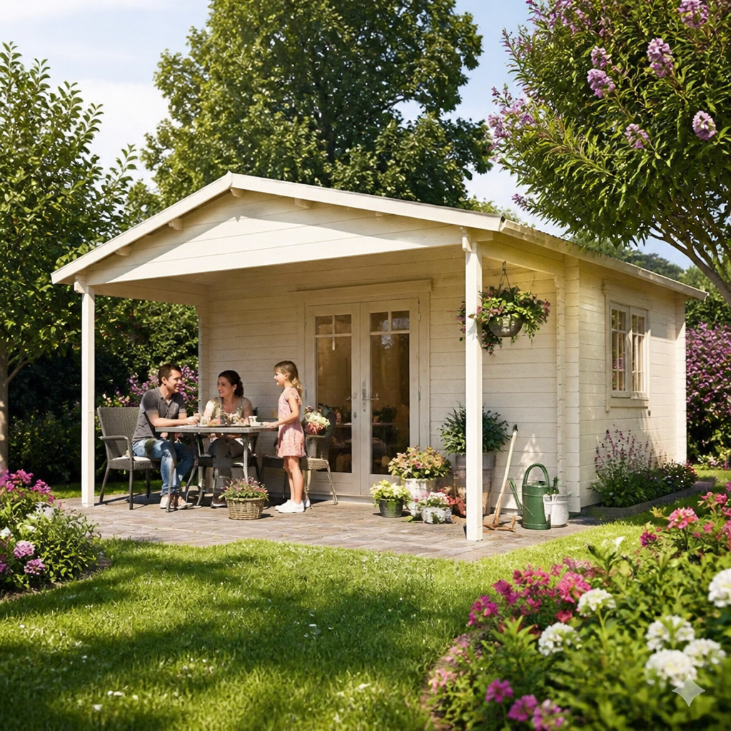 26% Rabatt ✓ 5 × 4 m | Gartenhäuschen Julia 44 A | Vordach | Satteldach | klassisch