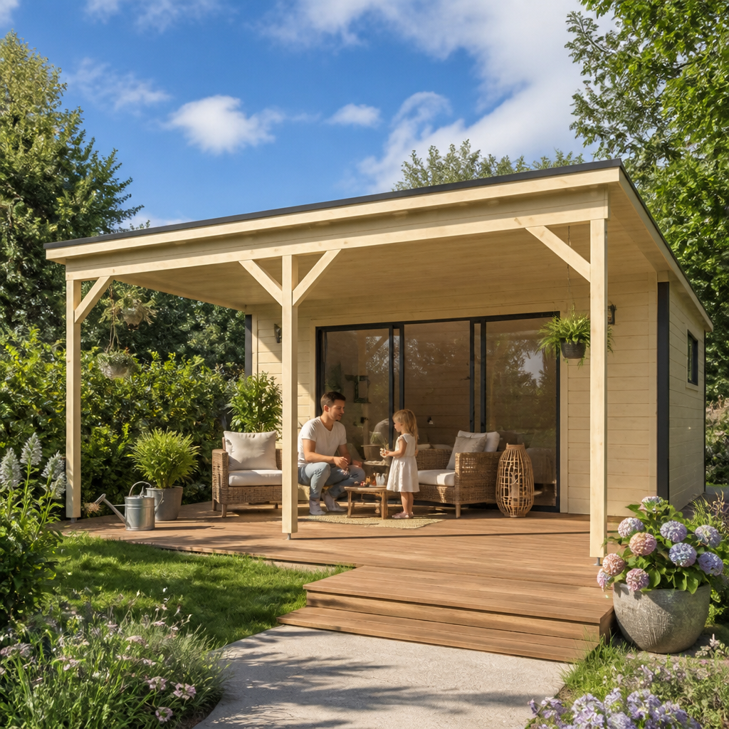 26% Rabatt ✓ 5 × 4 m | Gartenhäuschen Poel-4 mit Vordach | mit Schiebetüren | modern