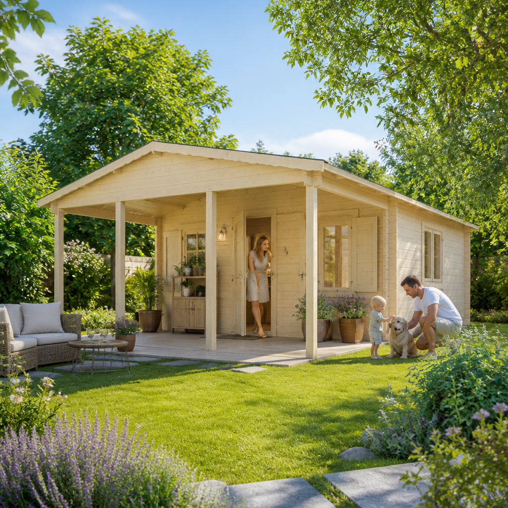 26% Rabatt ✓ 6 × 5 m | Gartenhäuschen Julia 70 F | Vordach | Satteldach | klassisch