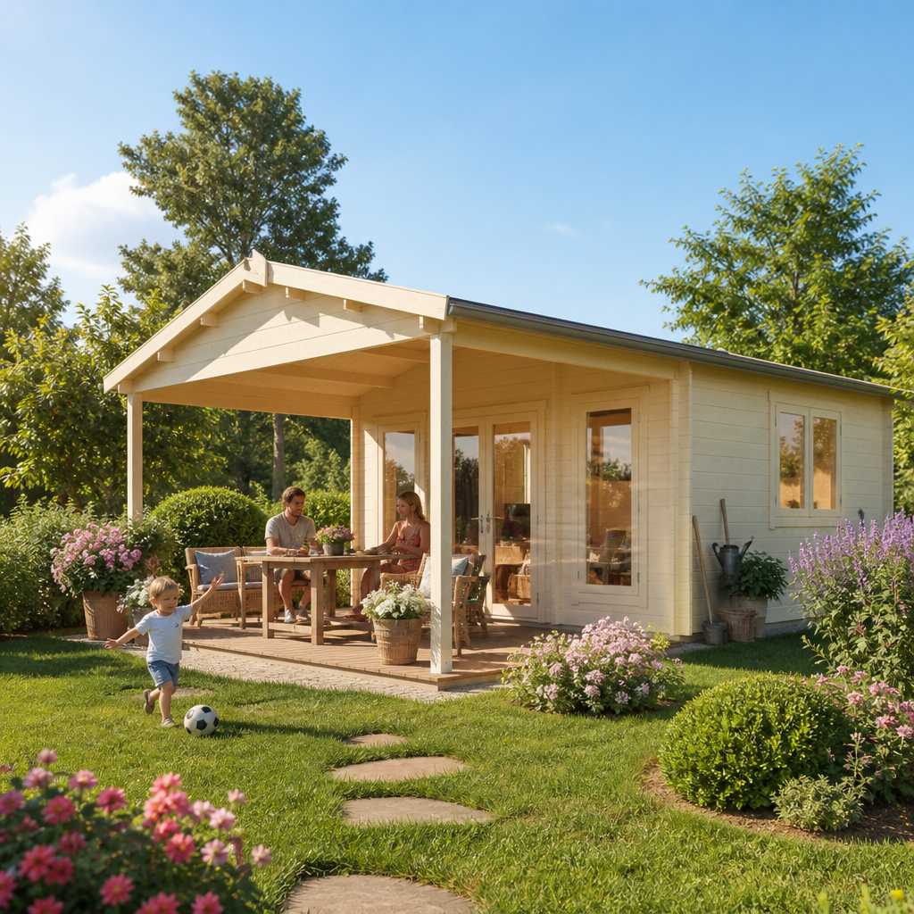 26% Rabatt ✓ 7 × 5 m | Gartenhäuschen Julia 70 D | Vordach | Satteldach | klassisch