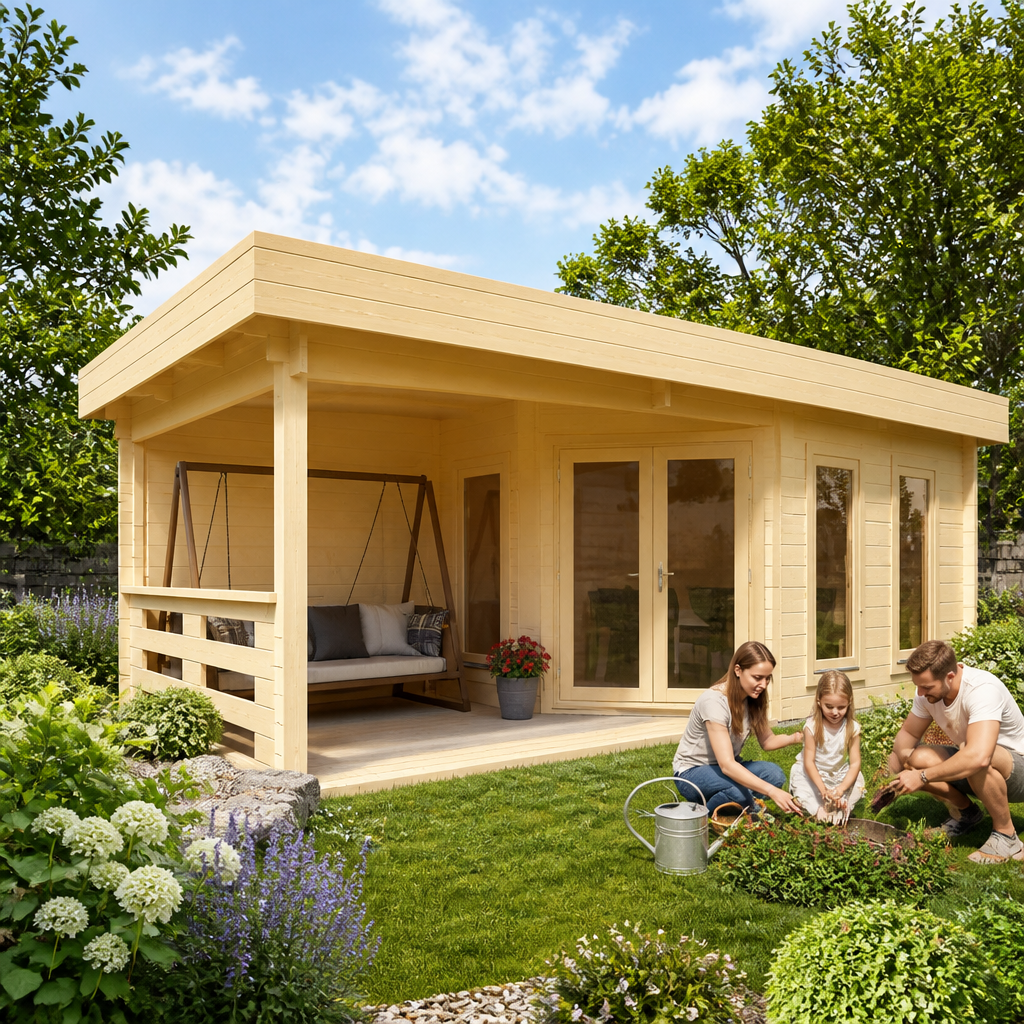 26% Rabatt ✓ 7 × 5 m | Gartenhäuschen Nora 44 F Modern | 5-eckig | Terrasse