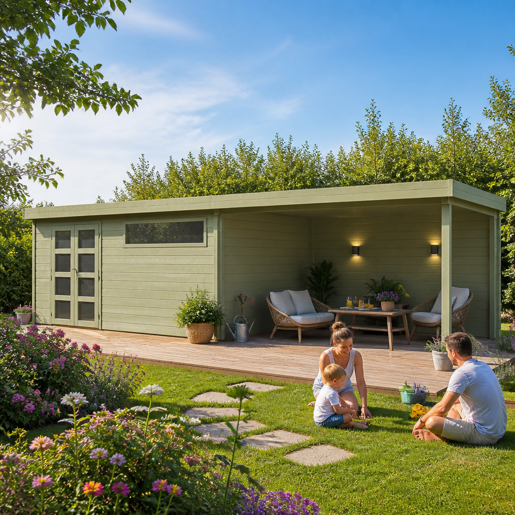 26% Rabatt ✓ 8 × 4 m | Flachdach Gartenhäuschen Nelo 44 E mit 400 cm A | Anbau | Pultdach | modern