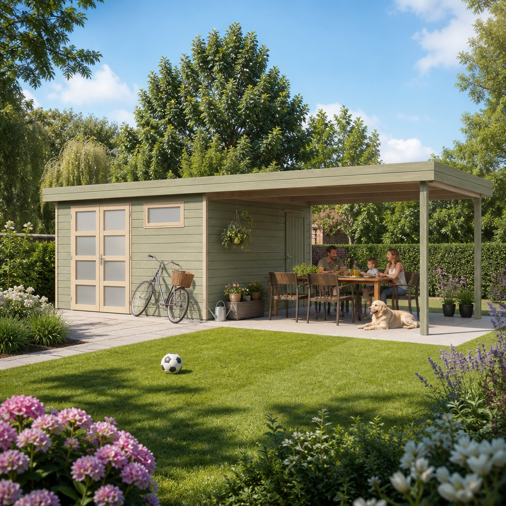 26% Rabatt ✓ 8 × 4 m | Gartenhäuschen Alu-Line Kasuko-L mit Anbau | Pultdach | Flachdach | modern
