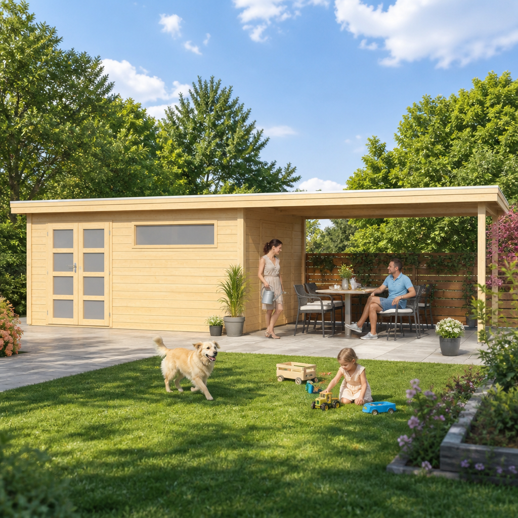 26% Rabatt ✓ 8 × 4 m | Gartenhäuschen Alu-Line Kasuko-XL + 400 cm Anba | Anbau | Pultdach | Flachdach | modern