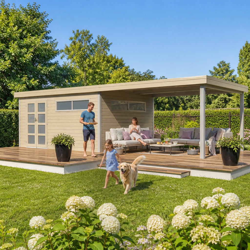 26% Rabatt ✓ 8 × 4 m | Gartenhäuschen Alu-Line Kasuko-XXL-mit-Anbau | Pultdach | Flachdach | modern